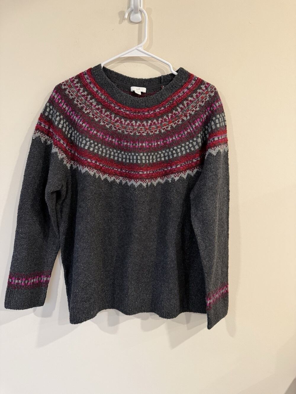 J Jill Fair Isle Gray with Red Sweater Size Large Cottagecore Fisherman